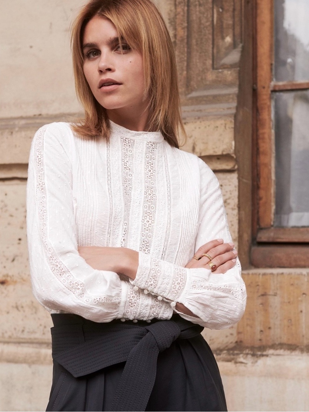 Sezane White Lace-Trim High-Neck Blouse
